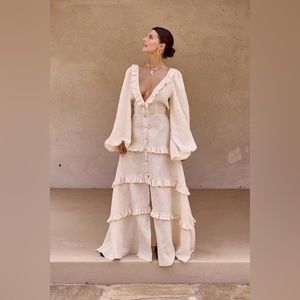 NWT VRG GRL Bonita Linen Ruffle Maxi Dress Cream  Australia Brand